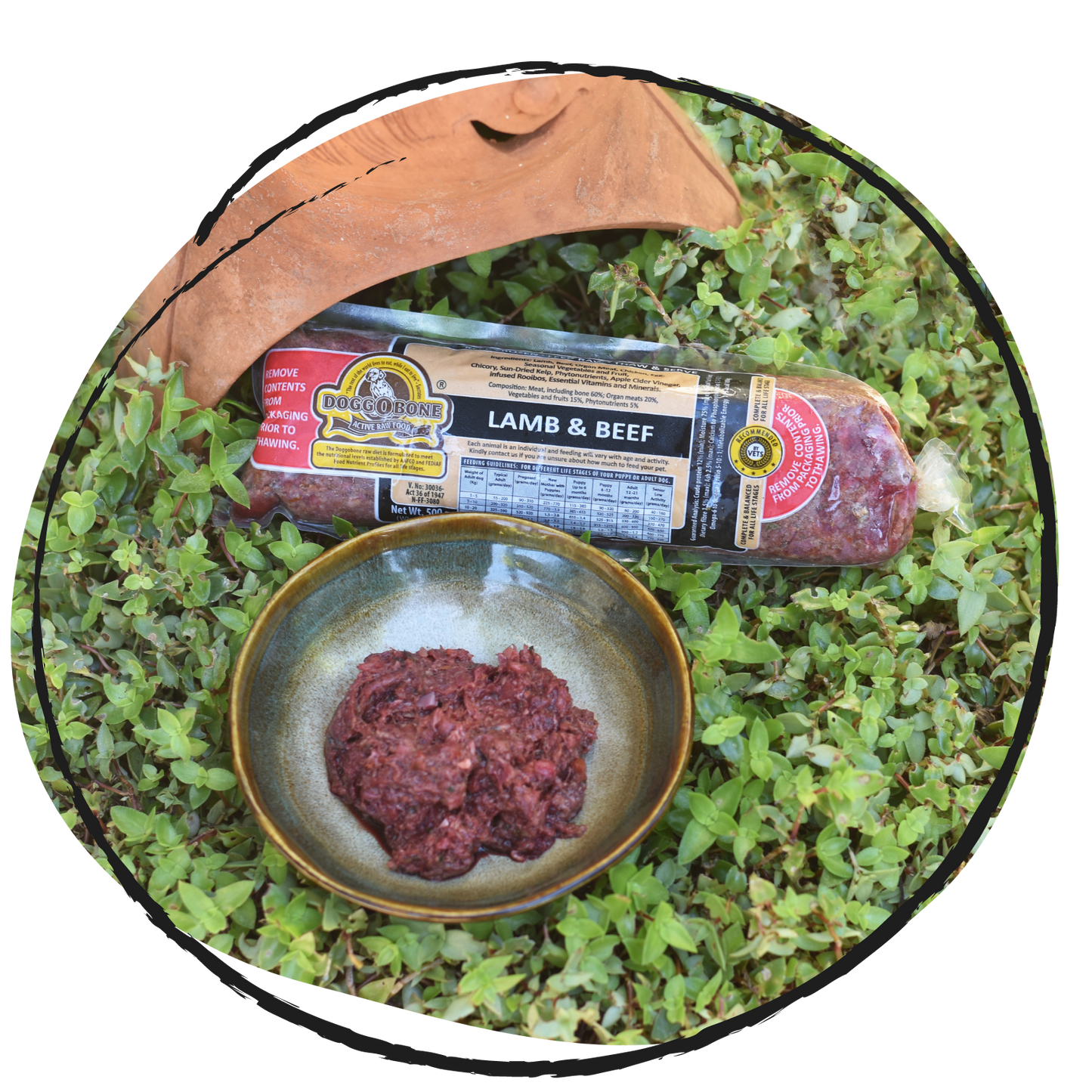 Doggobone Raw Dog Food lamb and beef Meal 500g in a garden