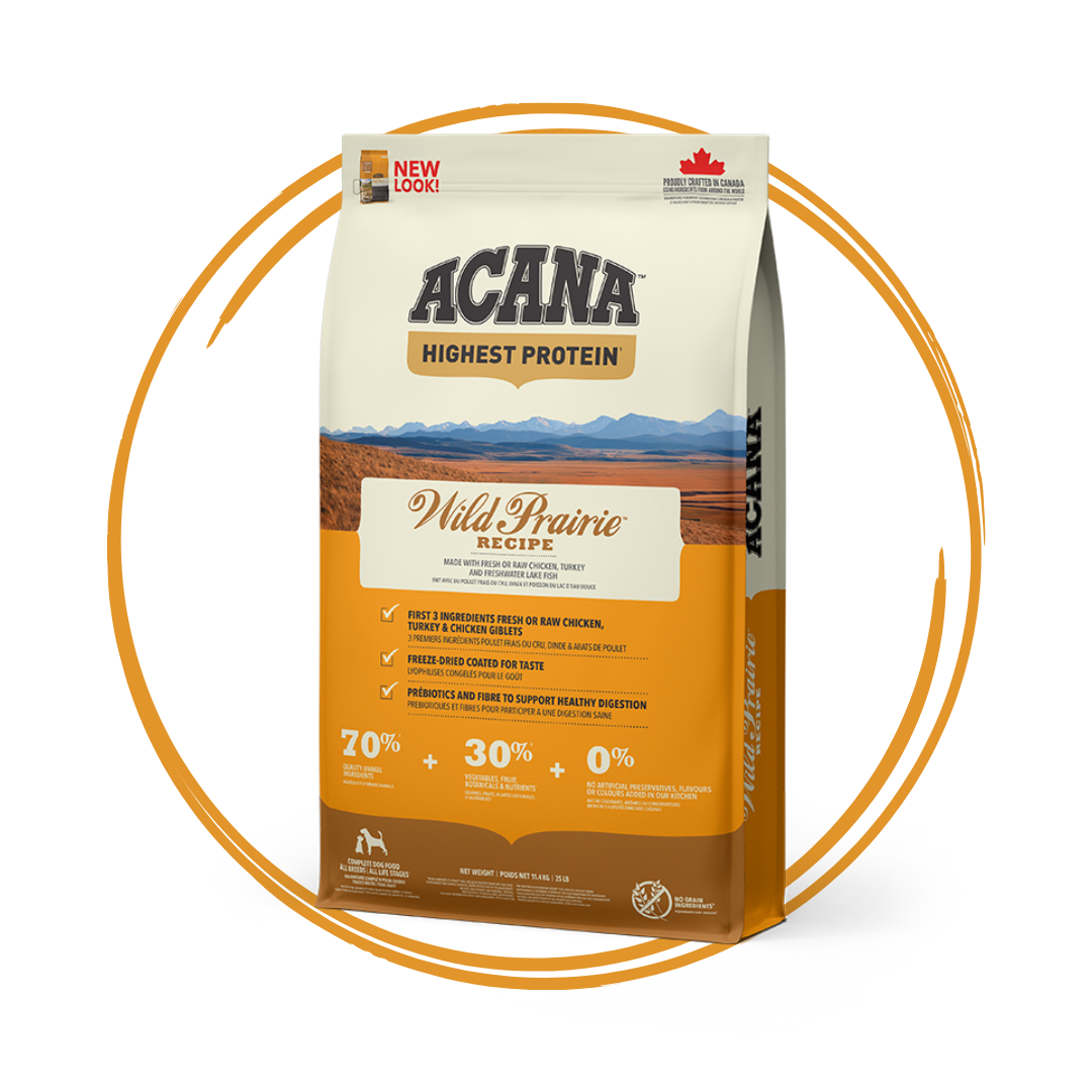 Acana highest protein wild prairie dog food 11.4kg