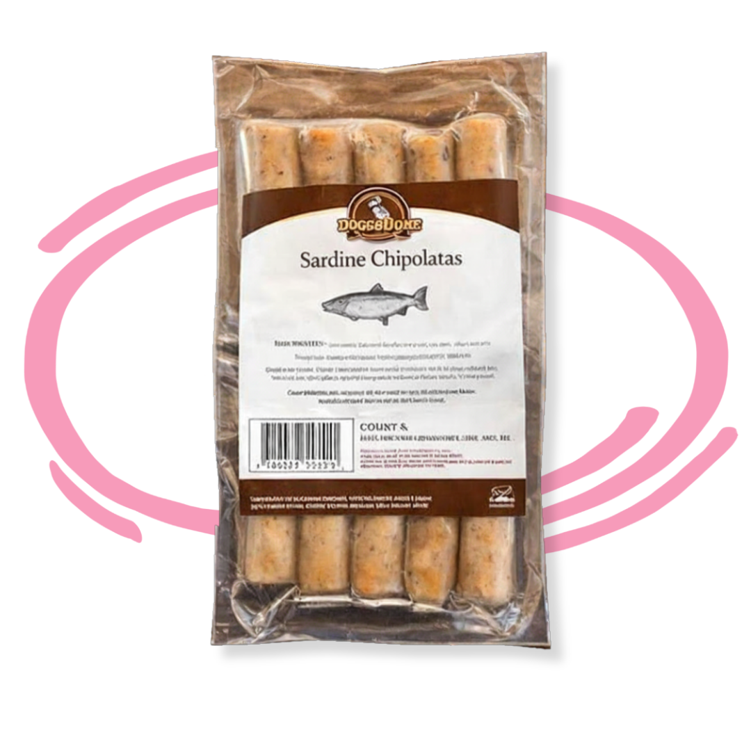 Package of Doggobone Sardine Chipolatas with a pink circle around it on a white background