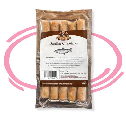 Package of Doggobone Sardine Chipolatas with a pink circle around it on a white background